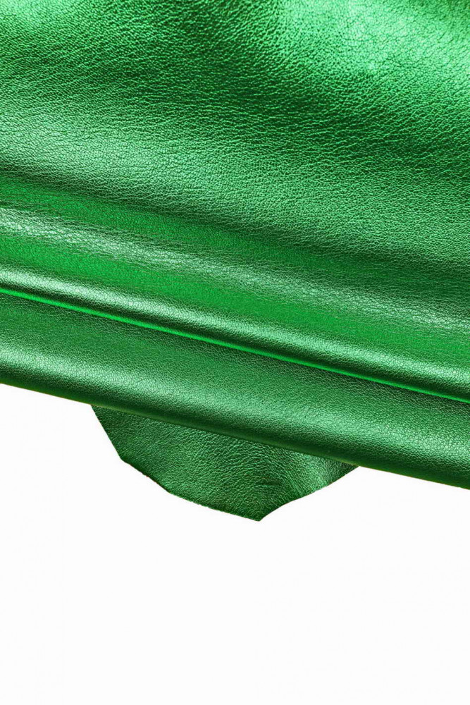 Green METALLIC nappa leather skin, soft bright goatskin, emerald tiny pebble grain hide