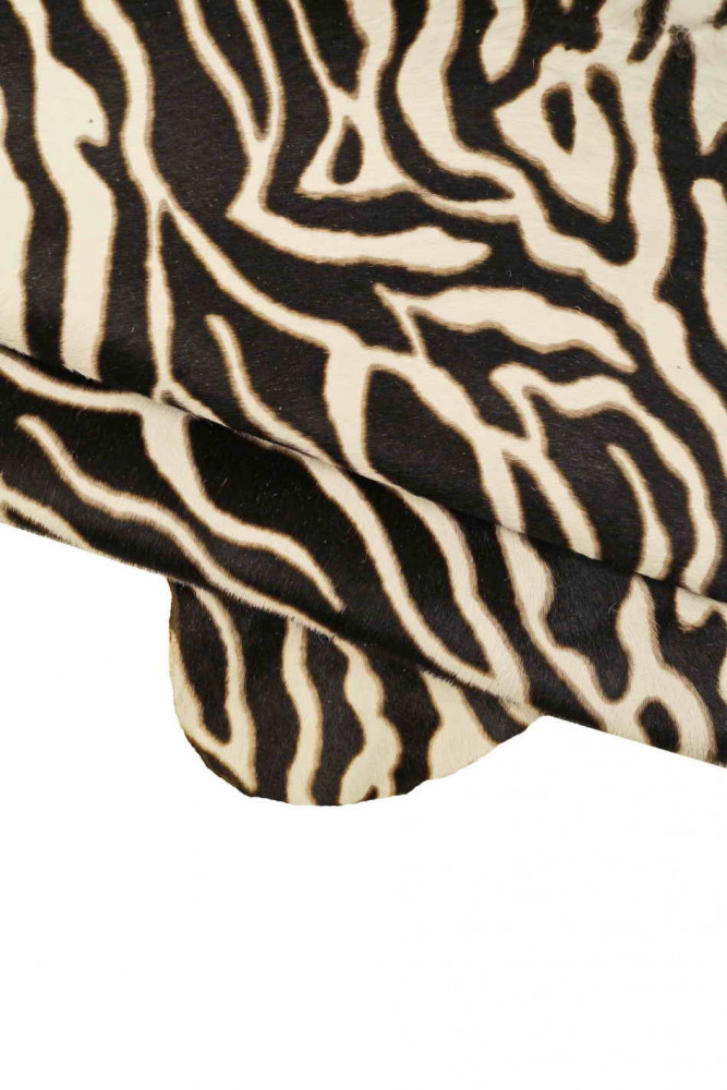 Zebra PRINTED hair on leather hide, black white animal print calfskin, soft textured pony effect calfskin