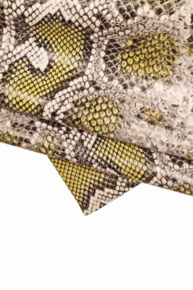Yellow grey PYTHON printed leather hide, reptile textured glossy calfskin, snake print soft cowhide
