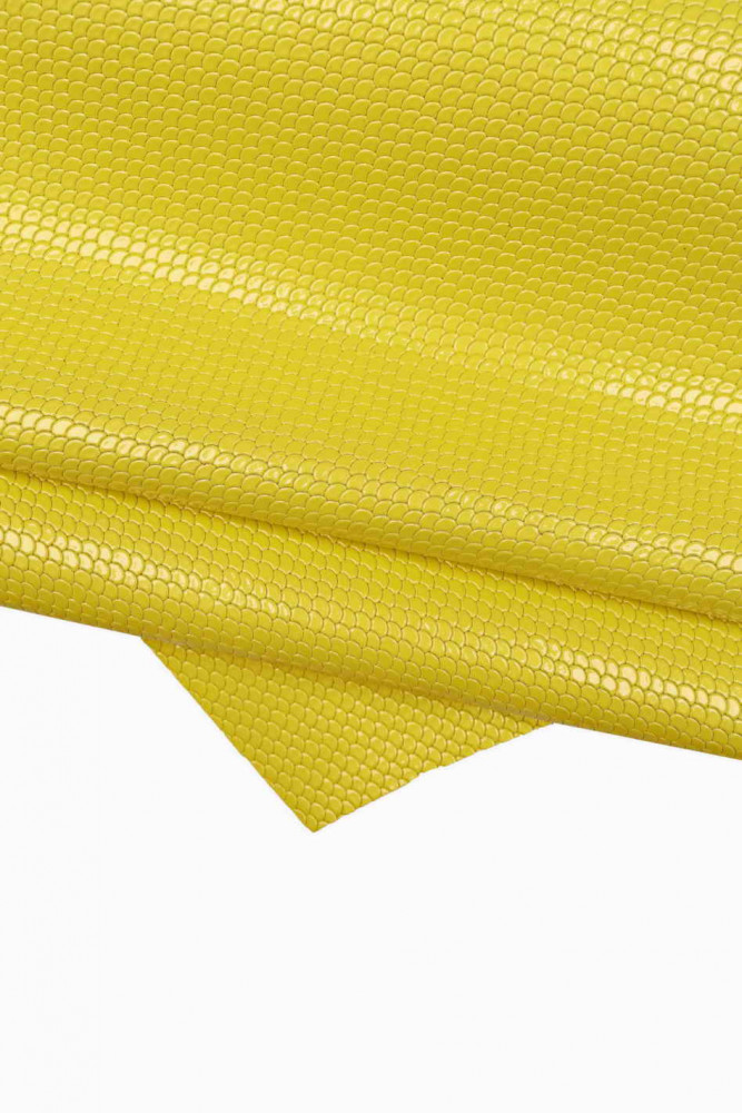 Yellow PRINTED leather hide, reptile like embossed patent cowhide, glossy quite soft calfskin