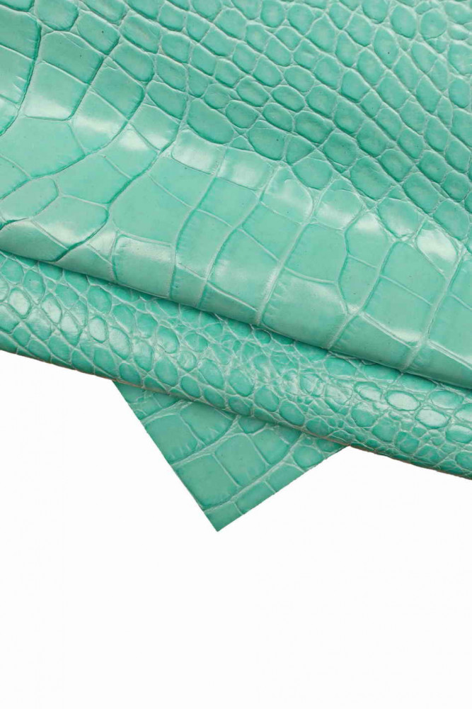 TURQUOISE crocoidle embossed leather hide, light blue crocodile animal printed calfskin, glossy stiff classic cowhide