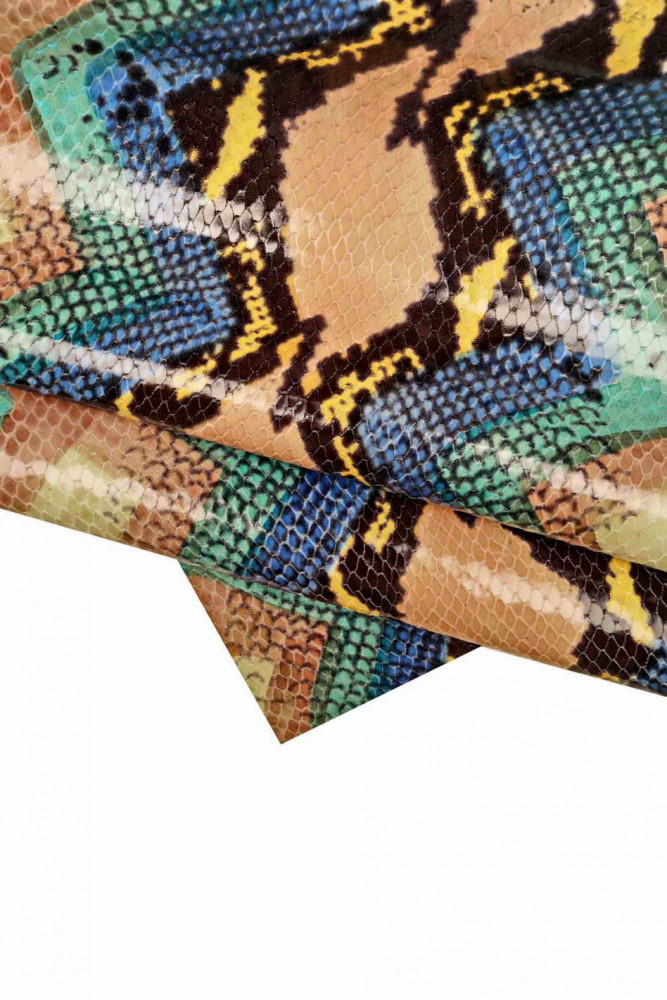 Multicolor PYTHON textured leather hide, animal print snake pattern cowhide, glossy soft reptile printed calfskin