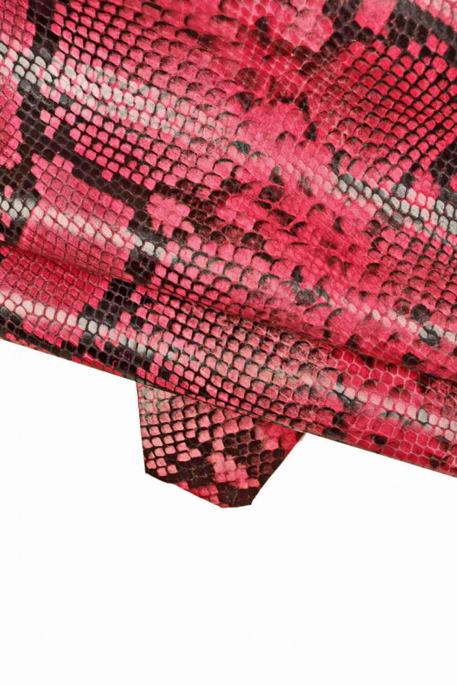 Pink black PYTHON printed leather skin, fuchsia snake textured goatskin, glossy animal print reptile hide