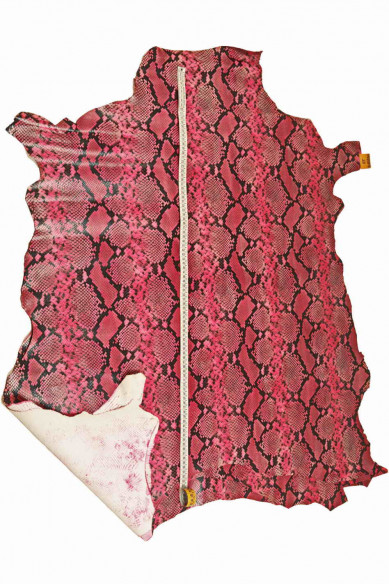 Pink black PYTHON printed leather skin, fuchsia snake textured goatskin, glossy animal print reptile hide