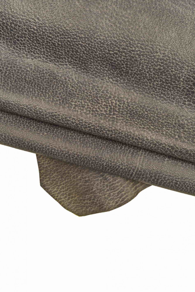 GREY vintage leather skin, sporty pebble grain goatskin, gray printed soft hide