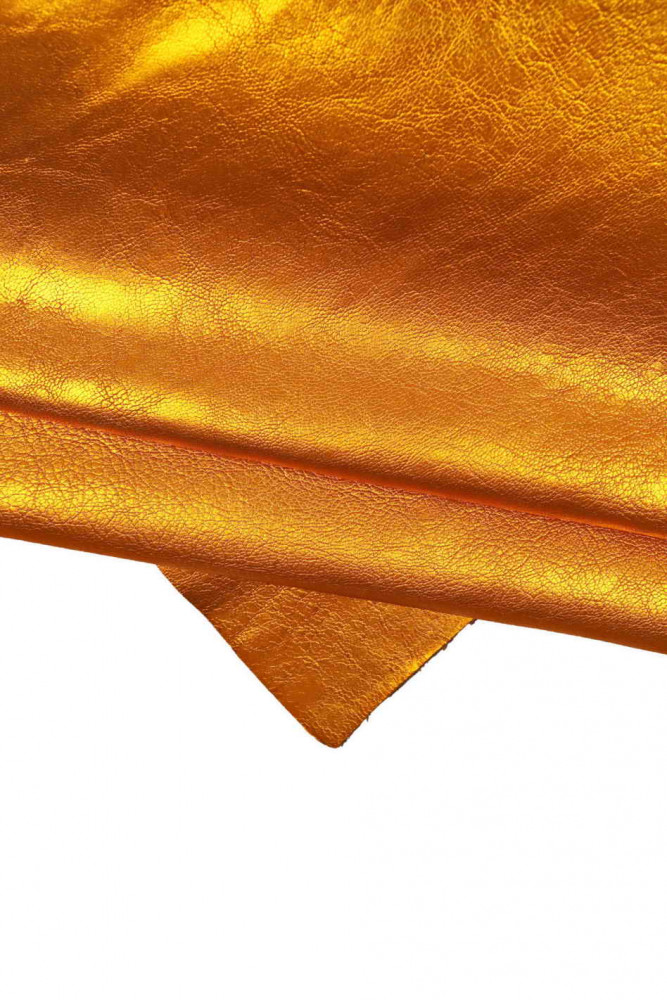 Orange METALLIC leather skin, wrinkled soft goatskin, bright crumpled hide