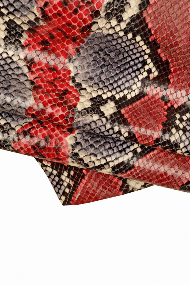 Red grey PYHTON textured leather skin, glossy reptile animal printed goatskin, soft snake pattern hide