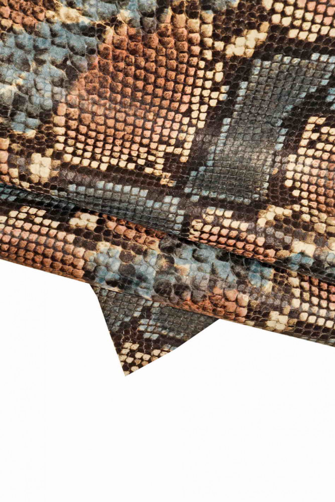 Green brown light blue SNAKE textured leather hide, matt python printed goatskin, animal print reptile pattern skin, soft