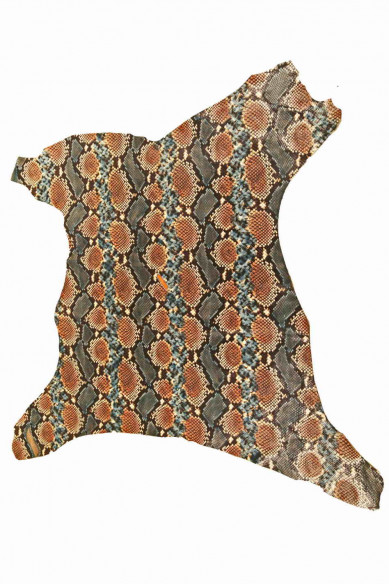 Green brown light blue SNAKE textured leather hide, matt python printed goatskin, animal print reptile pattern skin, soft