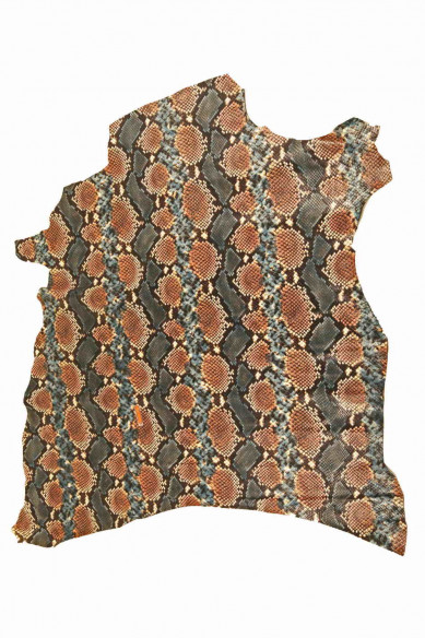Green brown light blue SNAKE textured leather hide, matt python printed goatskin, animal print reptile pattern skin, soft