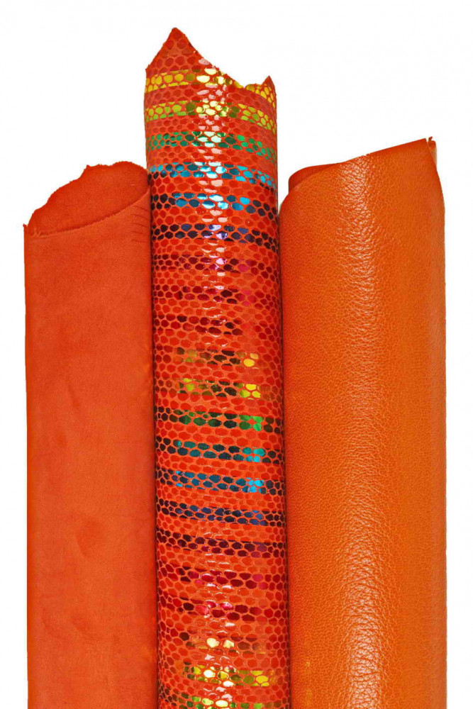 Assortment of ORANGE leather skins, set of 3 matching skins, 1 suede, 1 printed metallic, 1 solid color goatskin as per picture