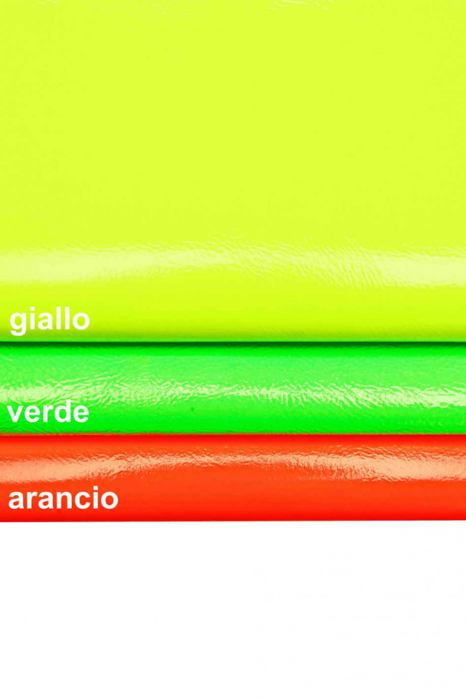 FLUO glossy leather skin, neon yellow, green, orange patent effect goatskin, wrinkled skin, medium softness