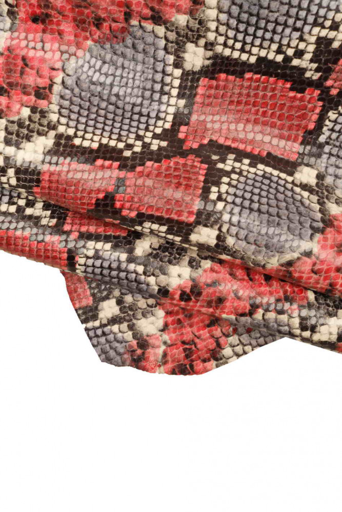 Red grey black PYTHON textured leather skin, reptile print glossy goatskin, soft snake printed hide