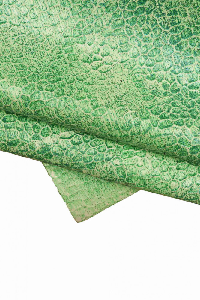 Green ARTISTIC leather hide, glitter decorated printed cowhide, rubbery, slightly stiff calfskin