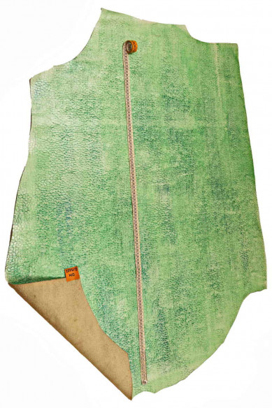 Pellame artistico VERDE, vitello glotter decorato stampato, pelle gommosa, un po' rigida