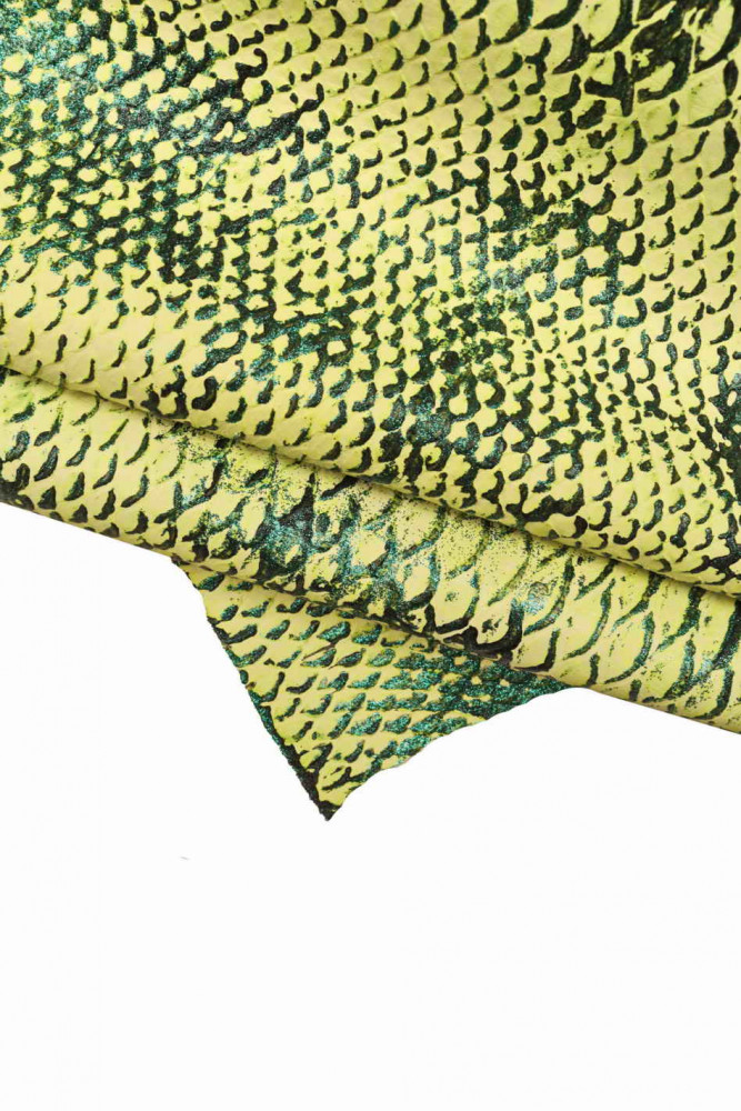 Original CROCODILE embossed leather hide, artistic green calfskin with glitter, animal print hand decorated cowhide, stiff