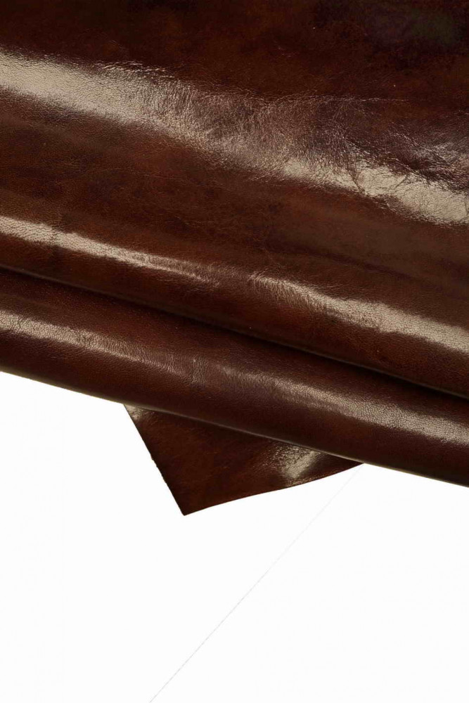 Reddish BROWN glossy leather hide, vegetable tan sporty vintage cowhide, brick brown stiff calfskin with shades