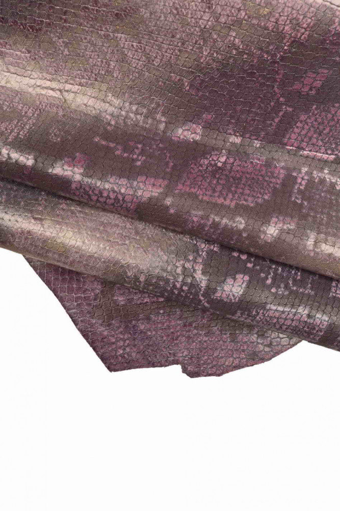PURPLE python textured leather skin, animal print snake pattern of soft goatskin, reptile printed glossy soft hide