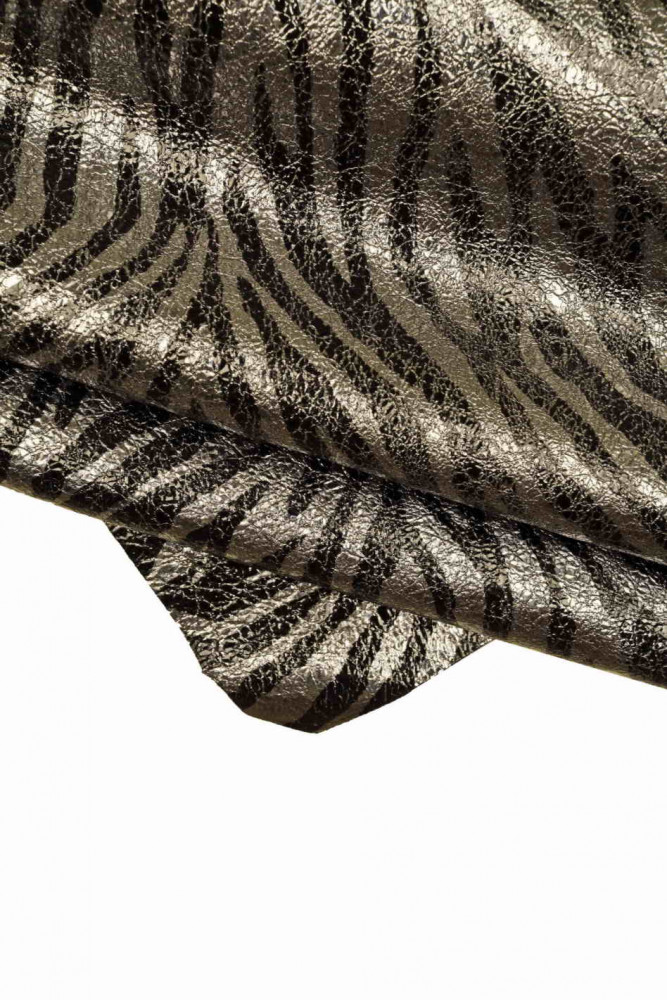 ZEBRA textured leather skin, silver black metallic animal print goatskin, wrinkled soft hide