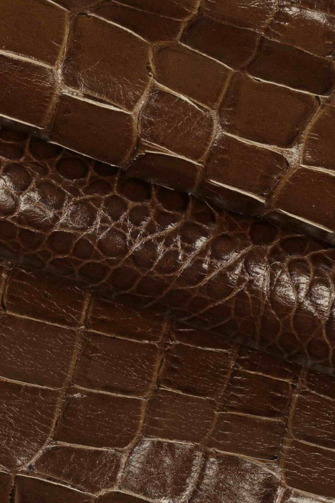 Brown ANIMAL print leather hide, alligator embossed calfskin, glossy stiff  croc printed cowide