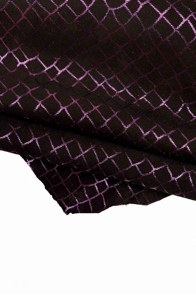 CROCODILE textured leather skin, black suede with purple croc print, animal pattern metallic soft skin