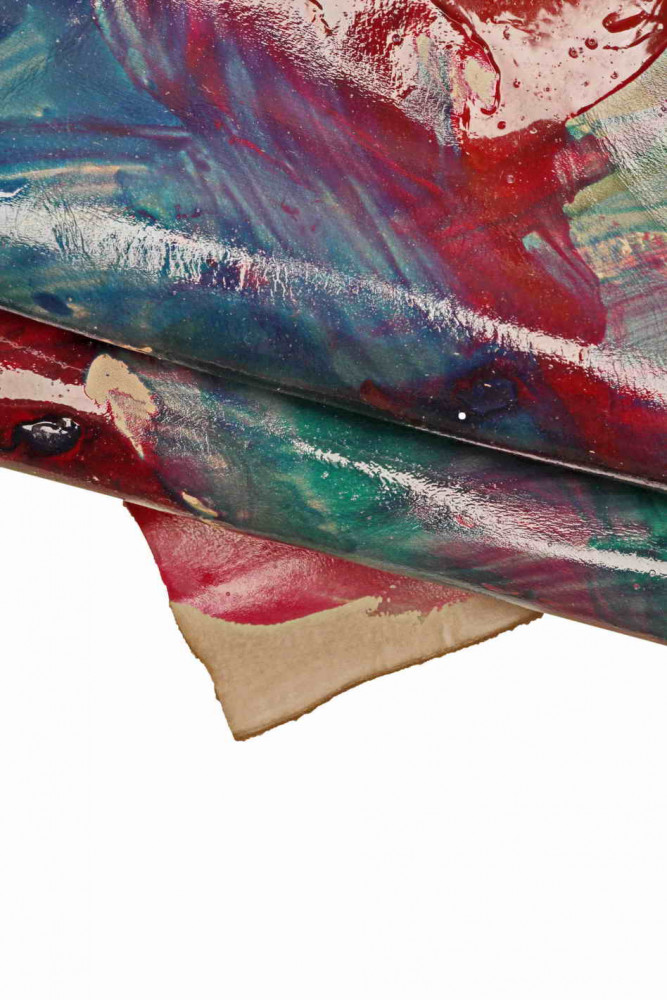 ARTISTIC decorated leather hide, green blue fuchsia hand painted cowhide, glossy soft calfskin