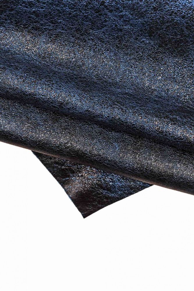 Blue black METALLIC leather skin, wrinkled sheepskin, soft bright lambskin