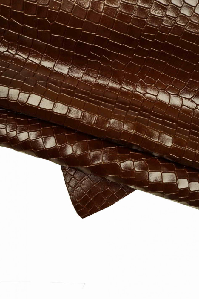 Brown CROCODILE embossed calfskin, glossy animal print leather hide, croc pattern on cowhide, medium softness