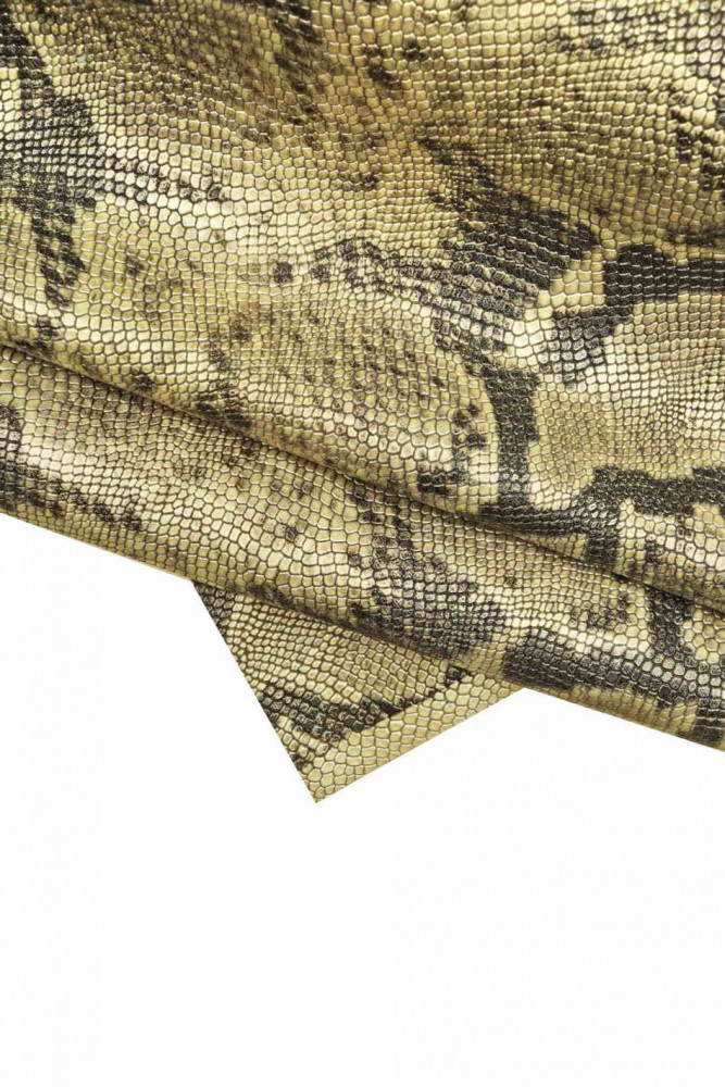 REPTILE textured leather hide, light gold black metallic animal print, snake pattern on cowhide, printed calfskin