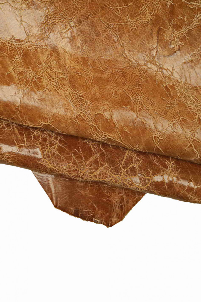 Tan VINTAGE cowhide, brown glossy crackle printed calfskin, pull-up soft leather hide