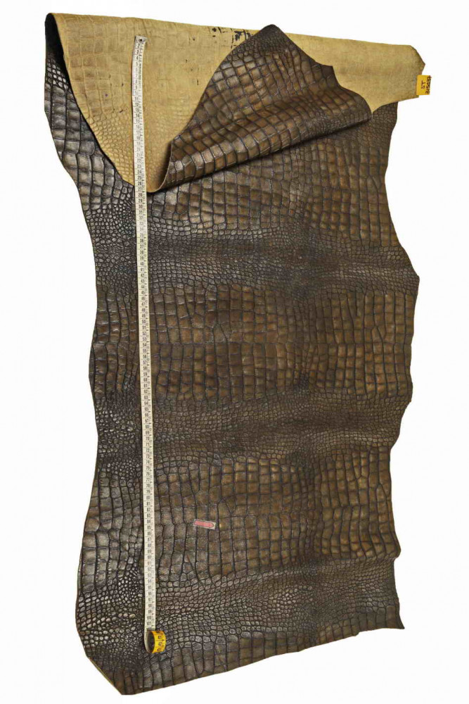 Crocodile embossed leather hide, brown crock printed calfskin, slightly  wrinkled, glossy, soft skin