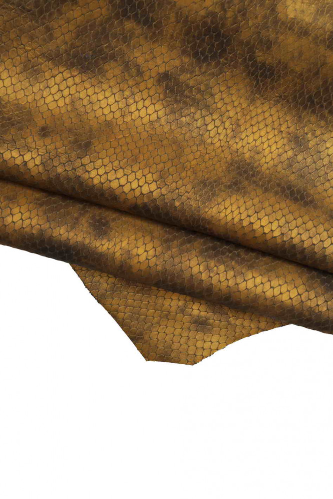 BRONZE black leather hide, reptile print snake pattern cowhide, soft glazed calfskin with abstract print