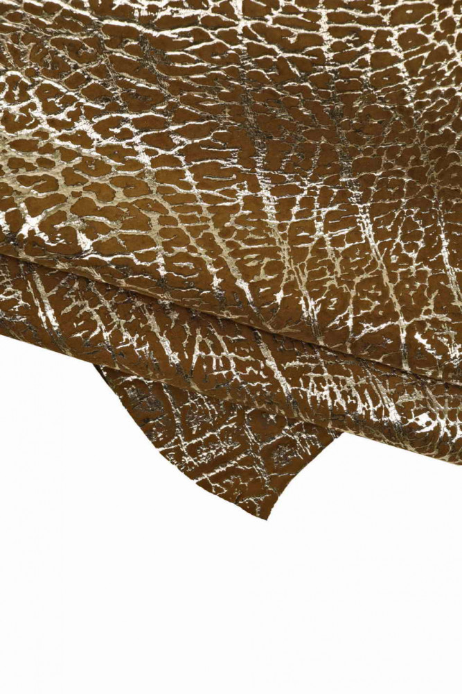 Brown silver ELEPHANT textured leather skin, thin suede goatskin animalk print, soft metallic hide