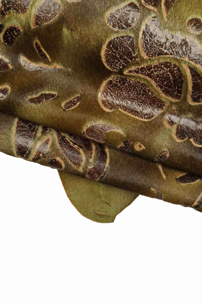 Floral textured HAIR on leather hide, green brown pony calfskin, soft printed hairy cowhide