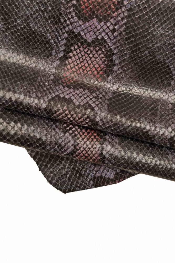 Purple PYTHON textured leather skin, glossy reptile printed goatskin, snake pattern soft skin