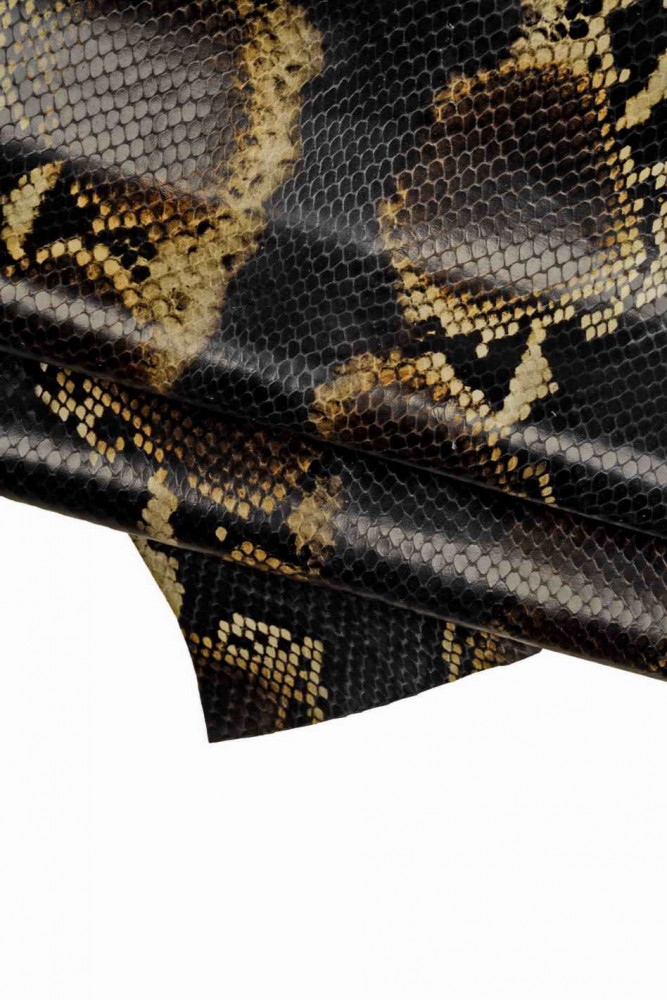 Blue brown beige PYTHON textured leather hide, glossy reptile printed cowhide, snake pattern on soft calfskin
