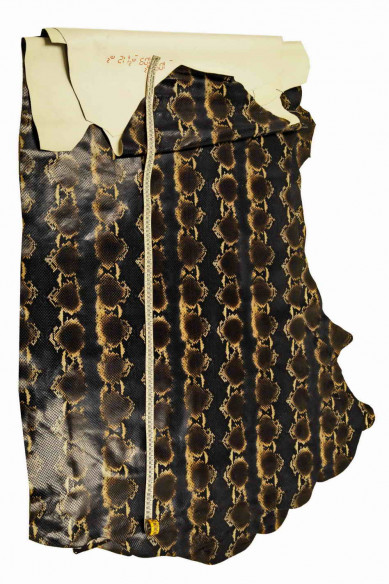 Blue brown beige PYTHON textured leather hide, glossy reptile printed cowhide, snake pattern on soft calfskin
