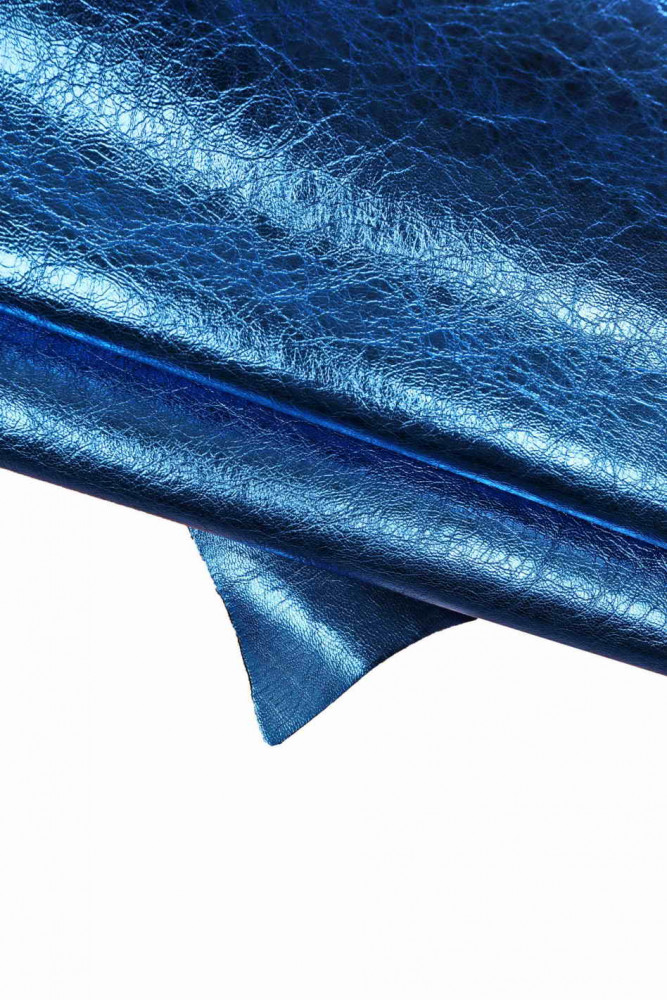 Electric blue METALLIC leather skin, glossy wrinkled goatskin, bright soft hide