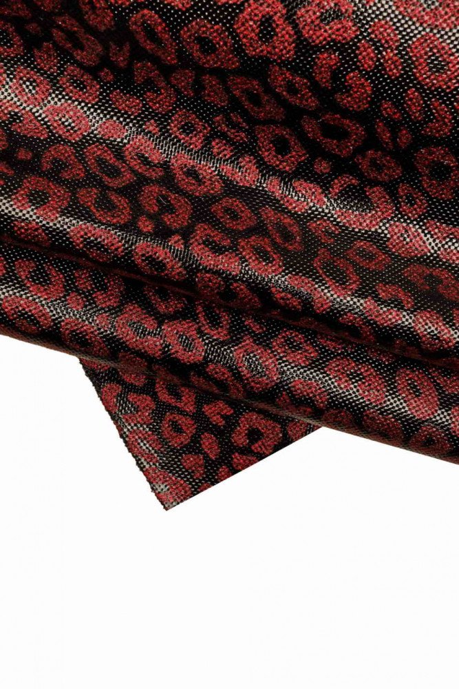 Pelle stampa LEOPARDO nero rosso, pellame verniciato stampato con disegno metallizzato glitter, vitello animalier lucido