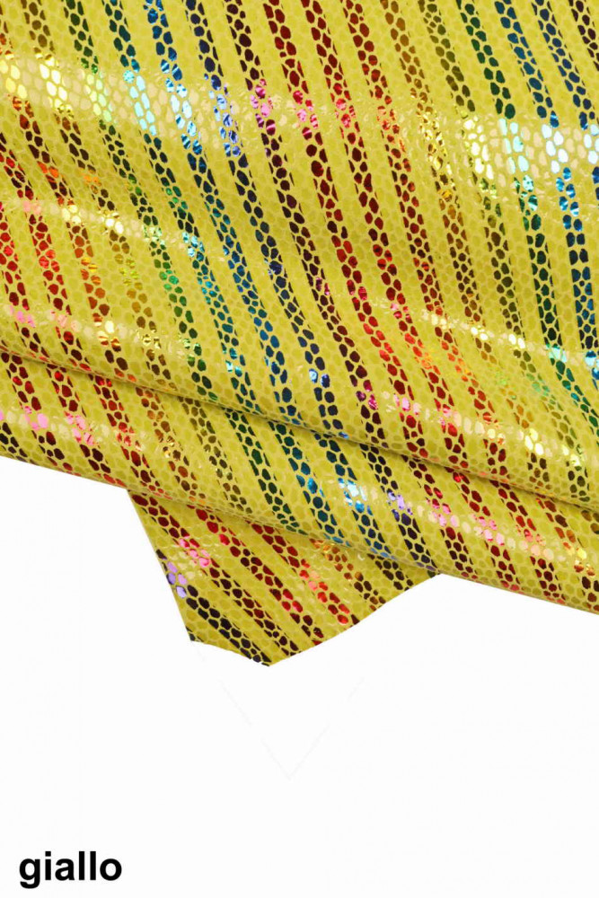 Multicolor STRIPES printed leather skin, green, yellow and orange snake texture and metallic soft suede goatskin