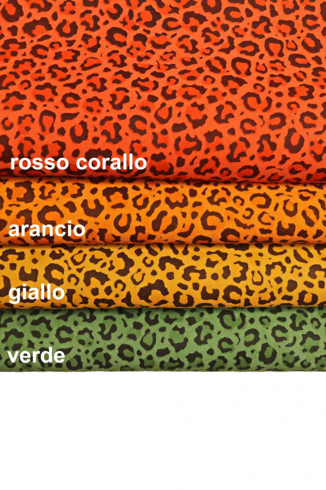 LEOPARD textured leather skin, coral red, orange, yellow, green animal print suede goatskin, cheetah print soft suede