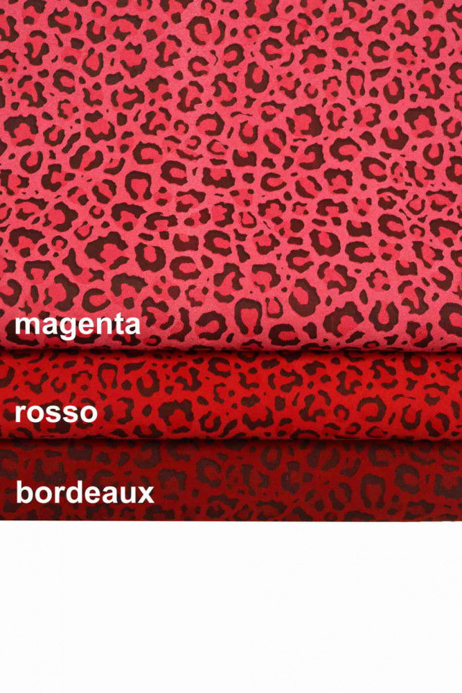LEOPARD textured leather skin, magenta red, red, burgundy animal print suede goatskin, cheetah printed soft suede skin