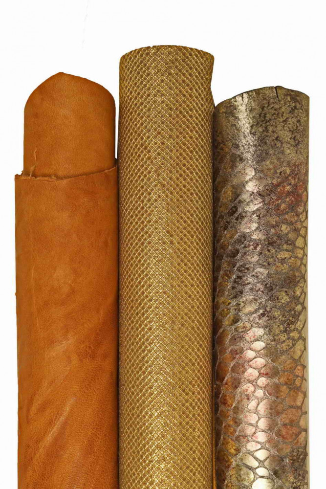 Boundle of TAN bronze gold leather skins, assortment of metallic printed sporty goatskins as per picture