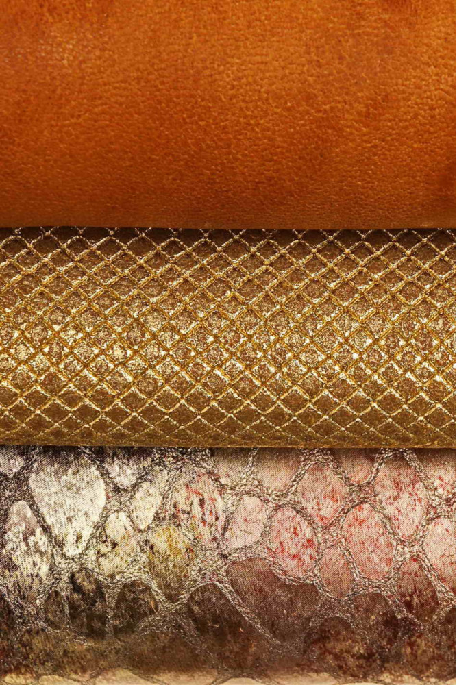 Lotti di 3 pellami CUOIO bronzo oro,...