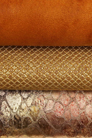 Lotti di 3 pellami CUOIO bronzo oro, assortimento di pelli laminate stampate sportive abbinate come da foto
