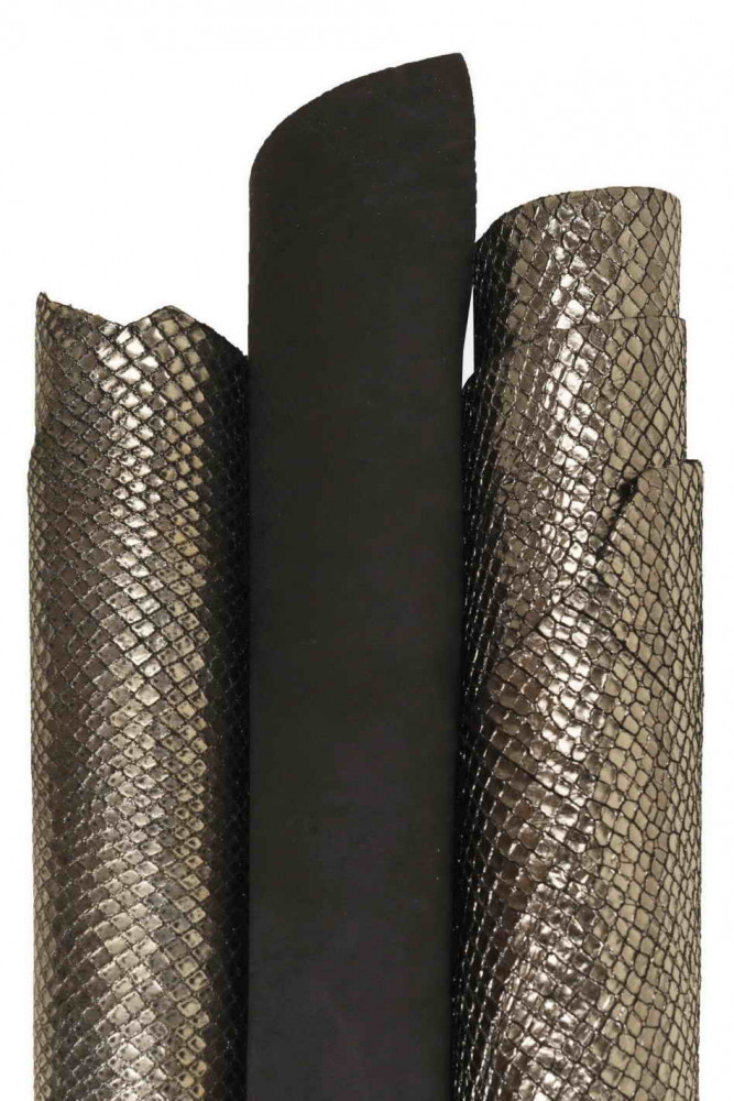 Boundle of 3 GREY steelmetal leather skins, assortment of matching hides, 1 suede calfskin, 2 metallic python print goatskins