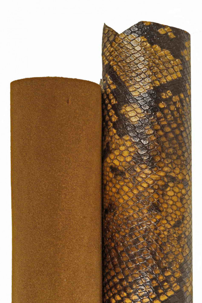 SET of 2 brown leather hides, 1 suede calfskin, 1 python textured goatskin as per picture