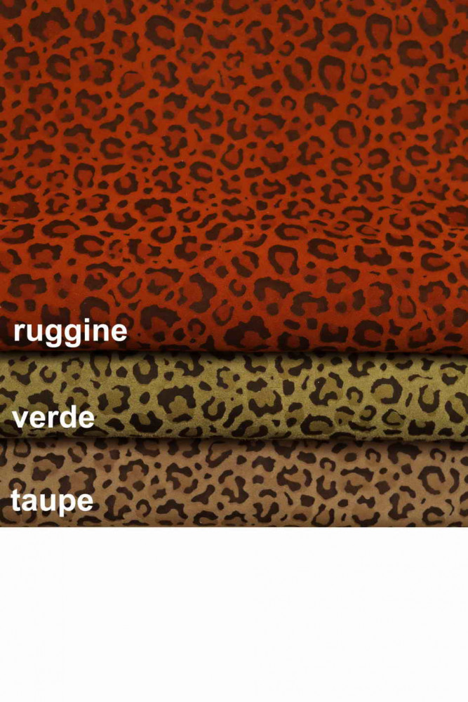 LEOPARD textured leather skin, rust red, green, taupe animal print suede goatskin, cheetah printed soft suede skin