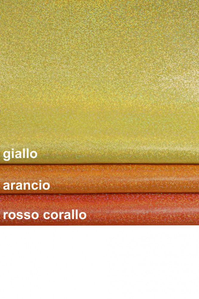 IRIDESCENT glitter metallic leather skin, yellow, orange, coral red soft glitter suede goatskin