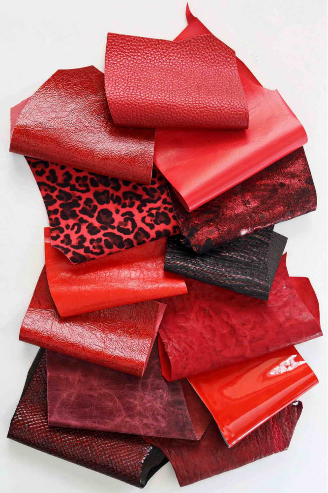 Leather scraps bag, RED color, fancy textures, foils and softness various  0,7 lbs - 0,300 kg